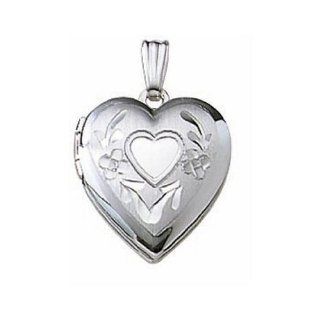 14k White Gold Hand Engraved Heart Picture Locket 1/2 in X 1/2 in Locket Necklaces Jewelry