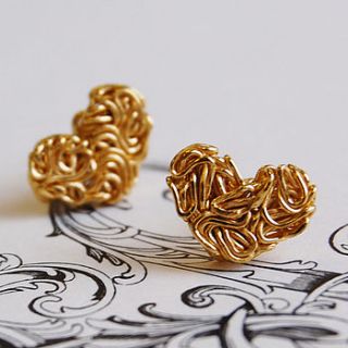 golden mesh heart stud earrings by otis jaxon silver and gold jewellery
