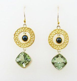 Michou Sterling Silver and Vermeil Black Pearl and Green Amethyst Earrings Dangle Earrings Jewelry