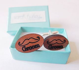 engraved moustache 'groom' cufflinks by sarah hurley designs