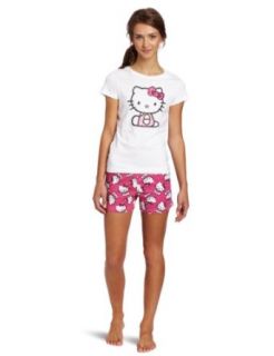 Hello Kitty Juniors Dot Print Short Set, White/Pink, Small Pajama Sets