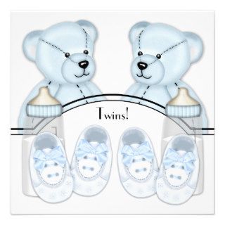 Blue Teddy Bear Twin Boys Baby Shower Invitations