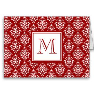 Red Damask Pattern 1 with Monogram Greeting Cards