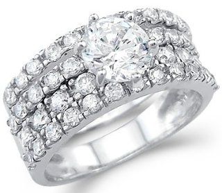 Solid 14k White Gold Ladies CZ Cubic Zirconia Engagement Wedding Ring Set Round Cut 3.0 ct Jewelry