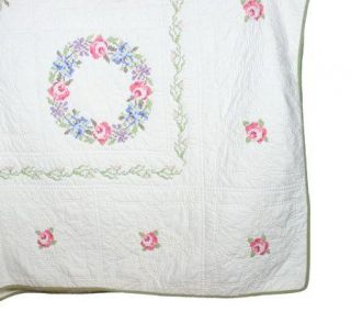 Rose Wreath Handcrafted Cross Stitch King Size Quilt —