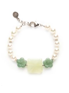 White Pearl & Jade Flower Station Bracelet by Majorica