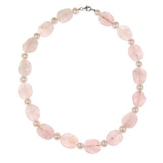 Pearlz Ocean Silver Rose Quartz and FW Pearl Necklace (8 9 mm) Pearlz Ocean Gemstone Necklaces