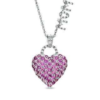 Lab Created Pink and White Sapphire Mom Heart Pendant in Sterling