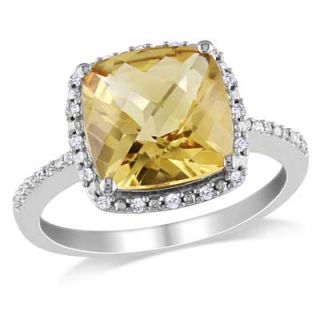 Cushion Cut Citrine and 1/10 CT. T.W. Diamond Frame Ring in Sterling