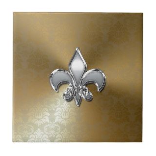 Silver Fleur De Lis on Gold Damask Ceramic Tile