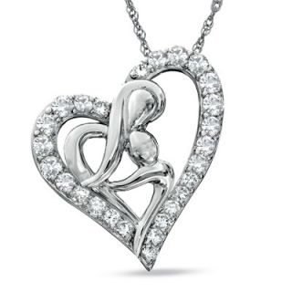 Lab Created White Sapphire Motherly Love Heart Pendant in Sterling