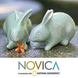 Set of 2 Celadon Ceramic 'Jade Rabbits' Sculptures (Thailand) Novica Statues & Sculptures