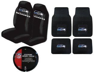A Set of 4 NFL Universal Fit Front All Weather Floor Mats and A Set of 2 Universal Fit Seat Covers and 1 Steering Wheel Cover   Seattle Seahawks Automotive