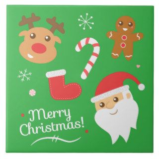 Cute Christmas   Santa, Reindeer, Gingerbread Man Ceramic Tile