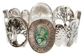 Rhodium Plated Stainless Steel Stretch Bracelet with Oval Links in Abalone and Tree Designs   One Size Fits All Jewelry
