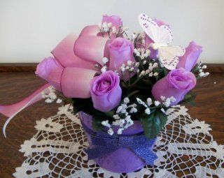 Lavender Rose Buds in Metal Bucket   Artificial Mixed Flower Arrangements