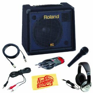 Roland KC 150 4 Channel 65 Watt Stereo Mixing Keyboard Amplifier Bundle with Microphone, 20 Foot XLR Cable, 20 Foot Instrument Cable, 1/8 Inch to RCA Cable, Headphones, and Polishing Cloth Musical Instruments