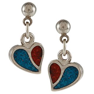 Southwest Moon Stainless Steel Turquoise and Coral Inlay Curved Heart Dangle Earrings Southwest Moon Gemstone Earrings