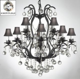 WROUGHT IRON CRYSTAL CHANDELIER CHANDELIERS LIGHTING DRESSED W/ CRYSTAL BALLS & SHADES   Black Wrought Iron Crystal Chandelier  
