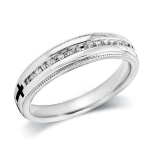 Ladies Diamond Accent with Etched Crosses Wedding Band in Sterling
