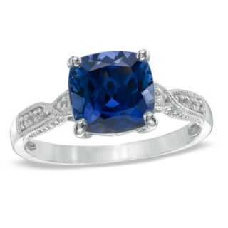 0mm Cushion Cut Lab Created Blue and White Sapphire Ring in 14K