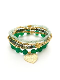 Set of 5 Etched Heart Charm, Green Onyx, & Semi Precious Stone Stretch Bracelets by Good Charma