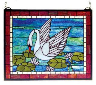 Meyda Tiffany Style Swan in Lily Pond Window Panel —