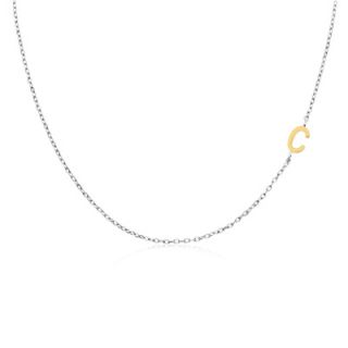 Offset Letter C Initial Necklace in Sterling Silver and 14K Gold