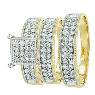 10k Yellow & White Gold Round Cubic Zirconia CZ Wedding Bridal Engagement Ring Trio Set Jewelry