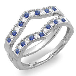 0.45 Carat (ctw) 14k White Gold White Diamond & Blue Sapphire Millgrain Wedding Guard Double Ring 1/2 CT Jewelry