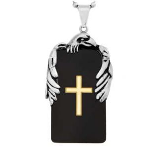 Mens Eagle Cross Dog Tag Pendant in Tri Tone Stainless Steel   24