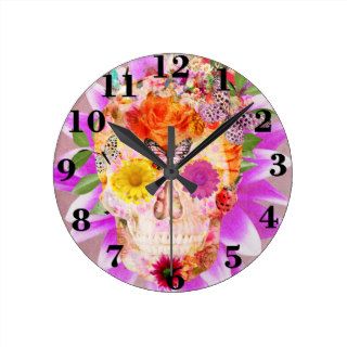 Girly Sugar Skull cute Butterfly Pink Flowers Clock