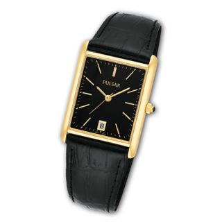 Mens Pulsar Gold Tone Black Strap Watch with Black Dial (Model