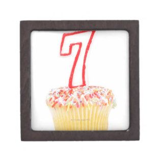 Cupcake with a numbered birthday candle 7 premium keepsake box