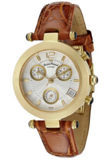 Lucien Piccard 27072BR  Watches,Womens (S) Steel Saga Chronograph Light Silver Guilloche Dial Burnt Sienna Genuine Leather, Luxury Lucien Piccard Quartz Watches