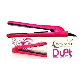 Bellezza Duet Hot Pink Metallic Rubber Hair Straightener Set A Variable Temp 1 1/4" Flat Iron & 1/2" Mini. 100% Ceramic Plates.  Flattening Irons  Beauty