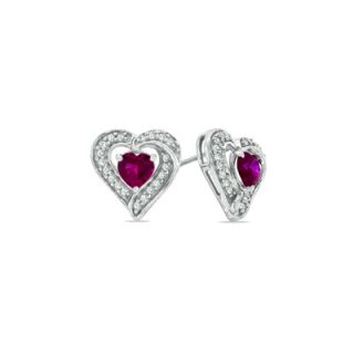 0mm Heart Shaped Lab Created Ruby and White Sapphire Heart Earrings