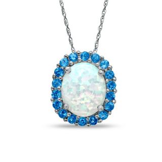Oval Lab Created Opal and Blue Topaz Framed Pendant in 10K White Gold