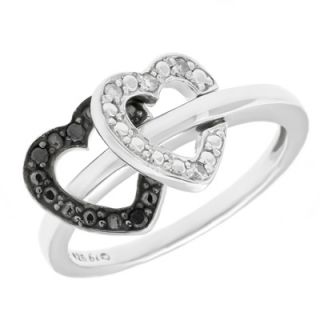 Enhanced Black and White Diamond Accent Reversible Double Heart Ring