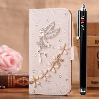 M LV HTC One M8 Leather Diamond Bling crystal Folio Support Smart Case Cover With Card Holder & Magnetic Flip Horizontals   Angel Lily Flower Cell Phones & Accessories