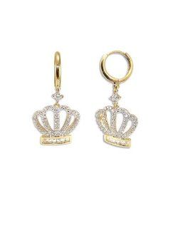 14k Yellow Gold, Crown Tiara Dangling Drop Earring Lab Created Gems Jewelry