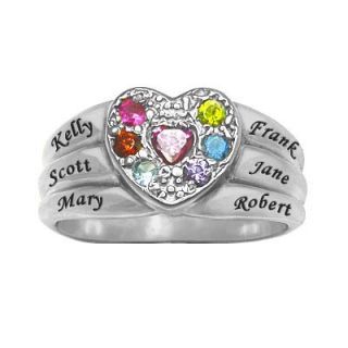 Mothers Simulated Birthstone Family Heart Ring in Sterling Silver (6