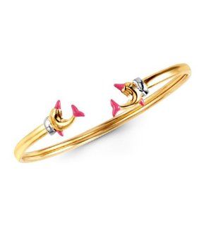 14k Yellow Gold Pink Dolphin Baby Child Bangle Bracelet Jewelry