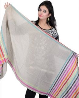 Exotic India Plain Stole with Woven Stripes on Border   Color Gray And PinkColor One Size fits most