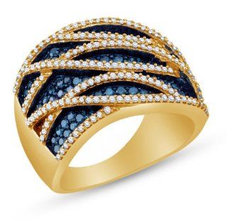 10K Yellow Gold Channel Set Round Brilliant Cut Blue and White Diamond Ladies Womens Fashion, Wedding Ring OR Anniversary Band (1.25 cttw.) Jewelry