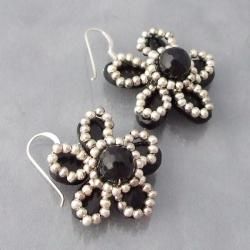 Sterling Silver Onyx and Seed Bead Flower Earrings (Thailand) Earrings