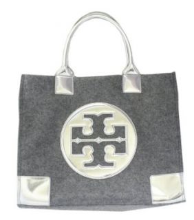 Tory Burch Leather and Flannel Ella Tote Med Gray Silver Shoulder Handbags Shoes