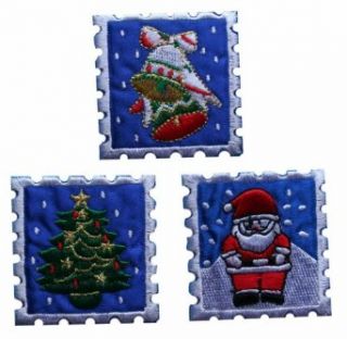 ID #8202ABC Christmas Stamps Winter Holiday Embroidered Iron On Applique Patch Lot of 3