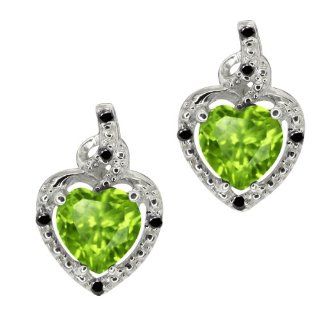 1.73 Ct Heart Shape Green Peridot Black Diamond Sterling Silver Earrings Stud Earrings Jewelry