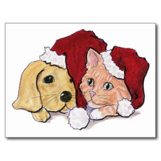 Cartoon Christmas, Cute Puppy Kitten Santa Hats Postcard